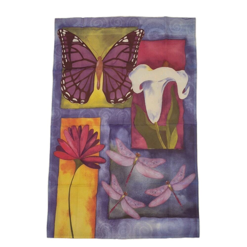 Large Multicolor Yard Flag Butterfly Dragonflies Flowers 25x38 JetMax Polyester